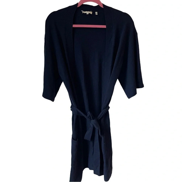 VINCE navy blue 100%‎ cashmere long belted short  sleeve cardigan - Picture 2 of 7